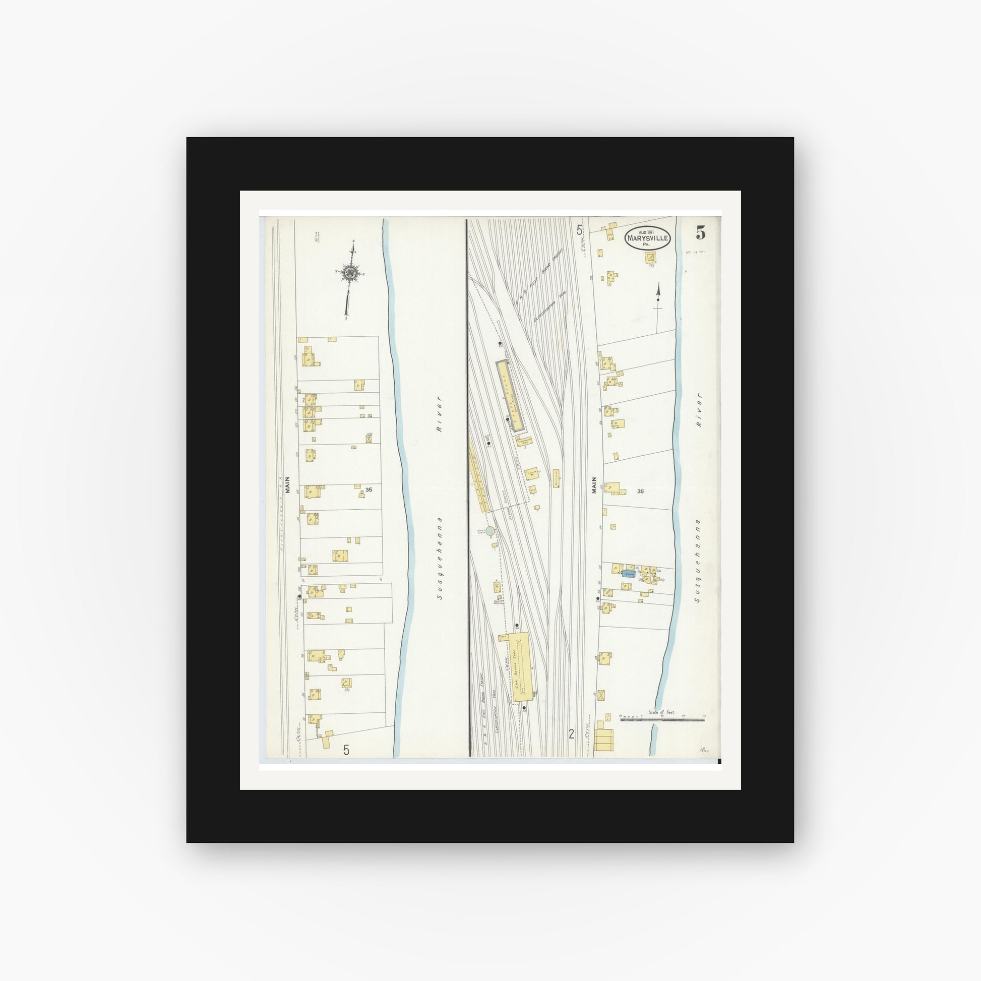 Old map wall art mockup — black gallery frame with white mat — Sanborn Fire Insurance Map from Marysville, Perry County, Pennsylvania (1911), Sheet #0005