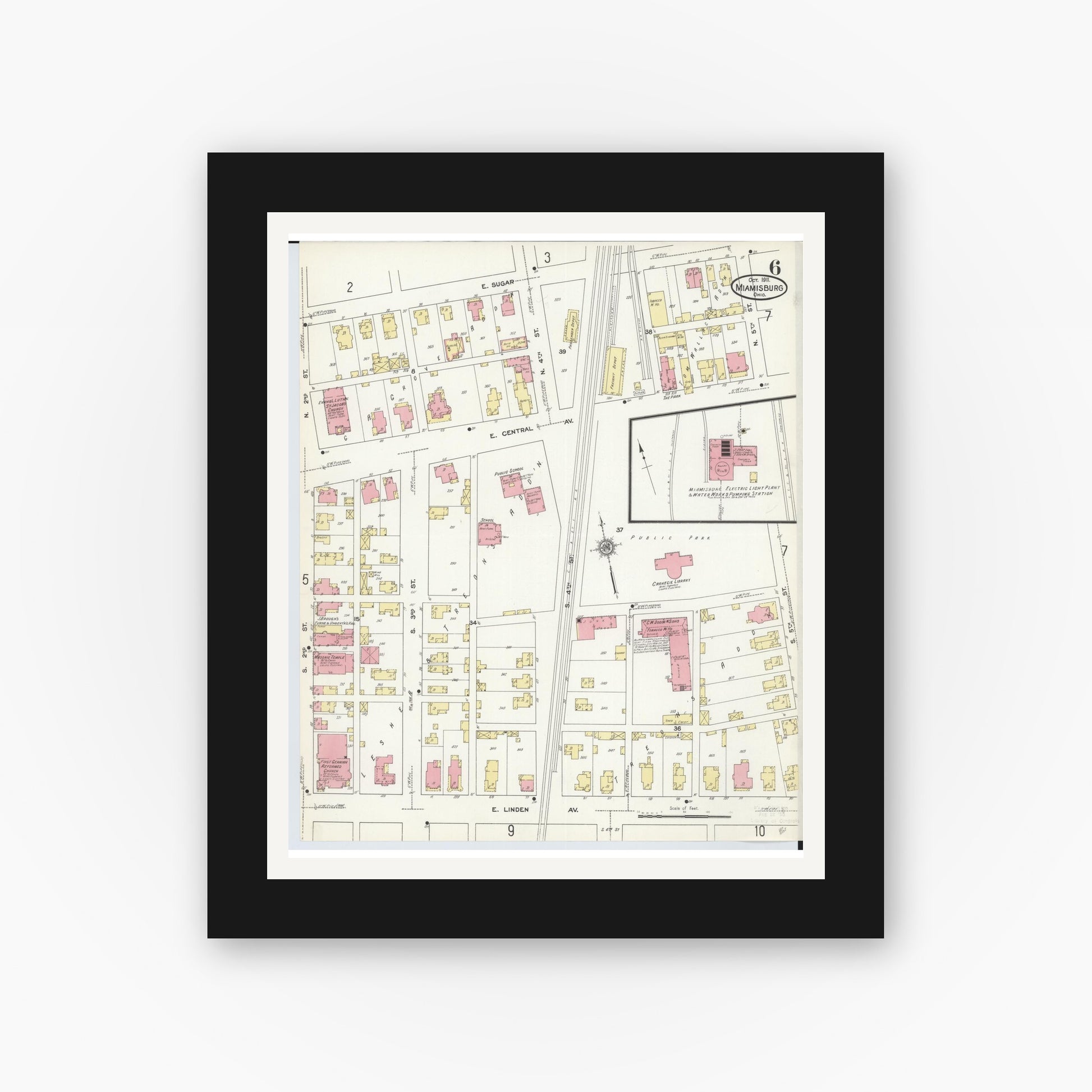 Old map wall art mockup — black gallery frame with white mat — Sanborn Fire Insurance Map from Miamisburg, Montgomery County, Ohio (1911), Sheet #0006