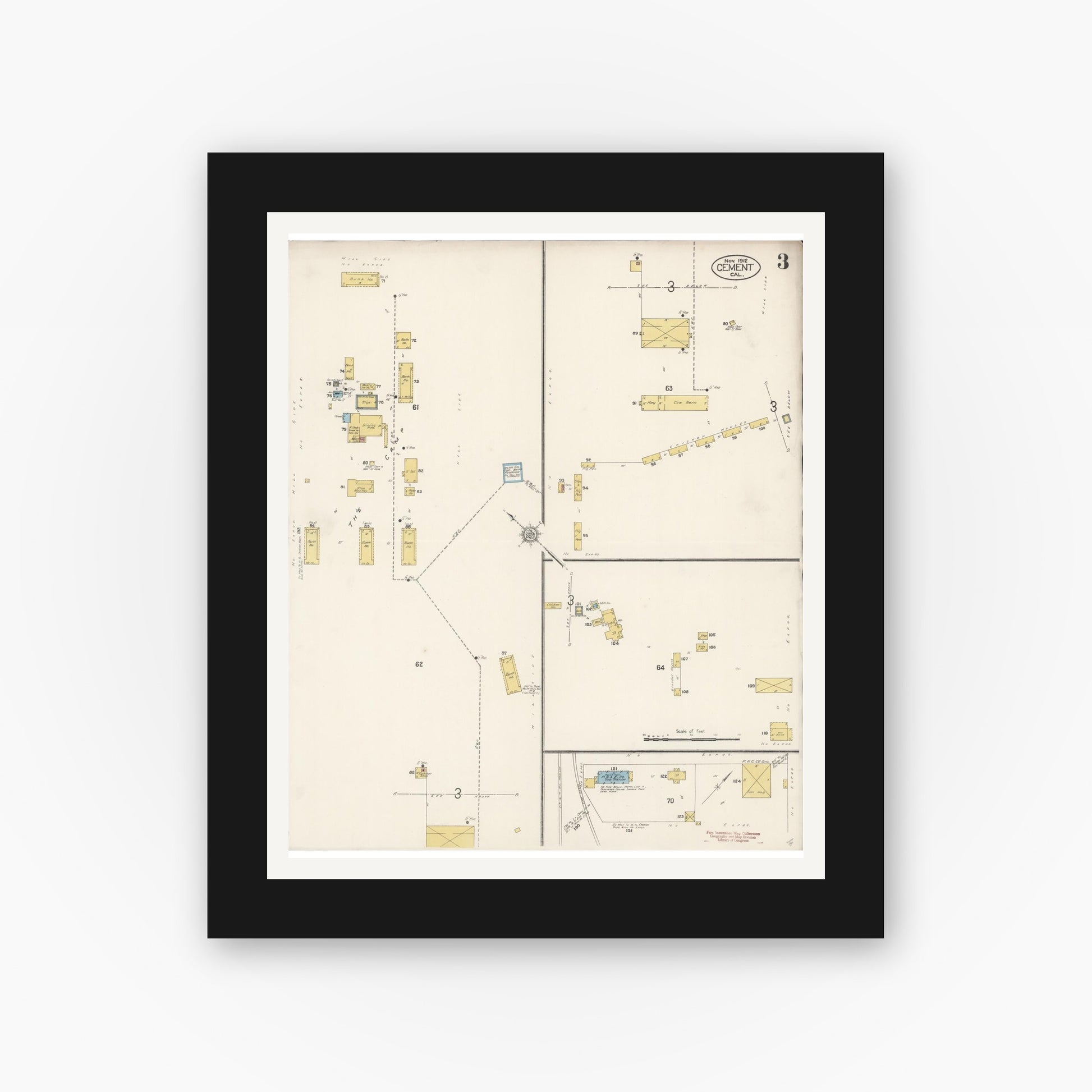 Old map wall art mockup — black gallery frame with white mat — Sanborn Fire Insurance Map from Cement, Solano County, California (1912), Sheet #0003