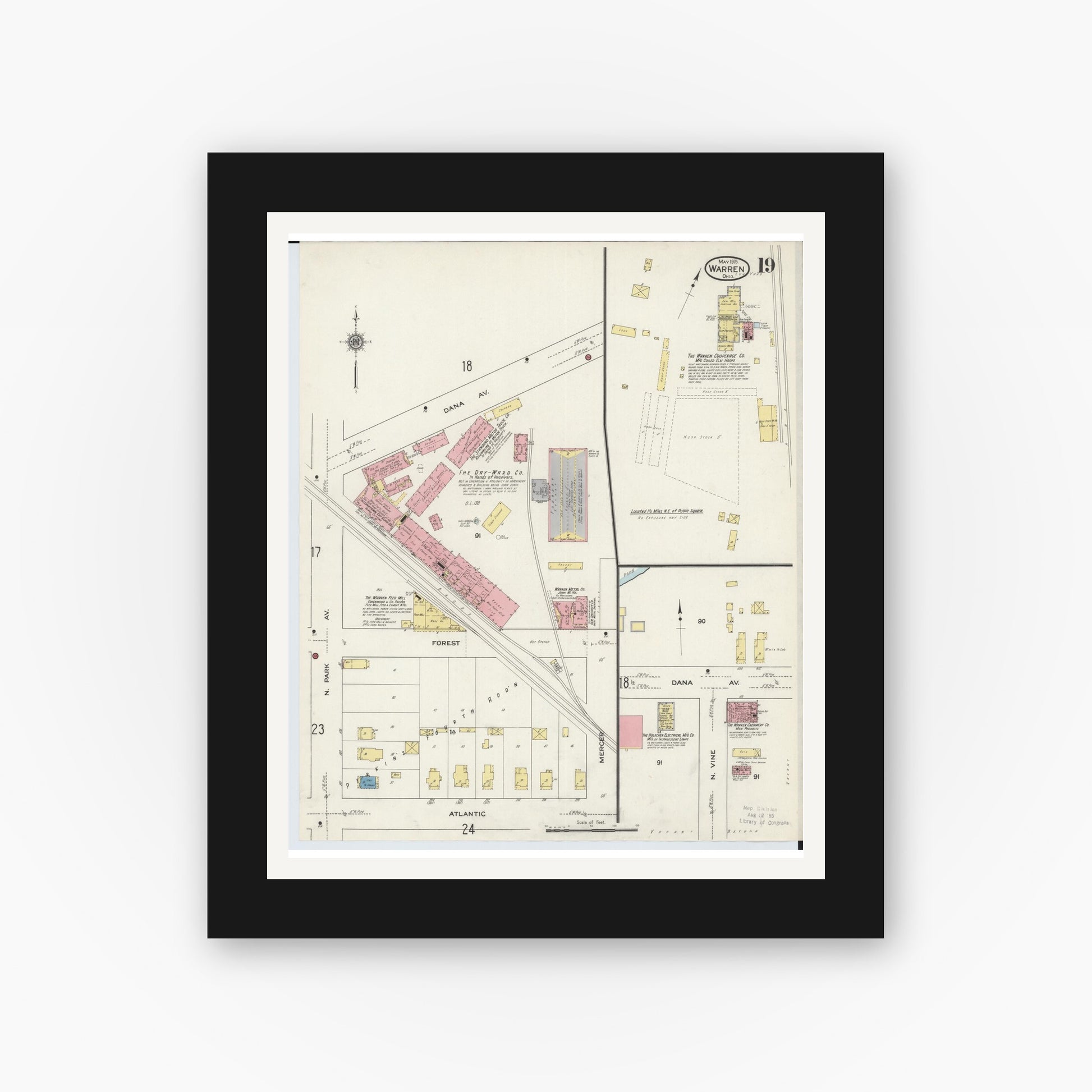 Old map wall art mockup — black gallery frame with white mat — Sanborn Fire Insurance Map from Warren, Trumbull County, Ohio (1915), Sheet #0019