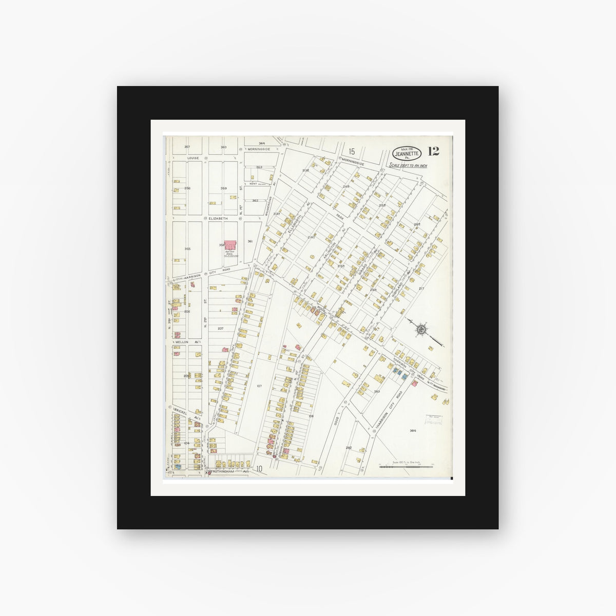 Old map wall art mockup — black gallery frame with white mat — Sanborn Fire Insurance Map from Jeannette, Westmoreland County, Pennsylvania (1916), Sheet #0012