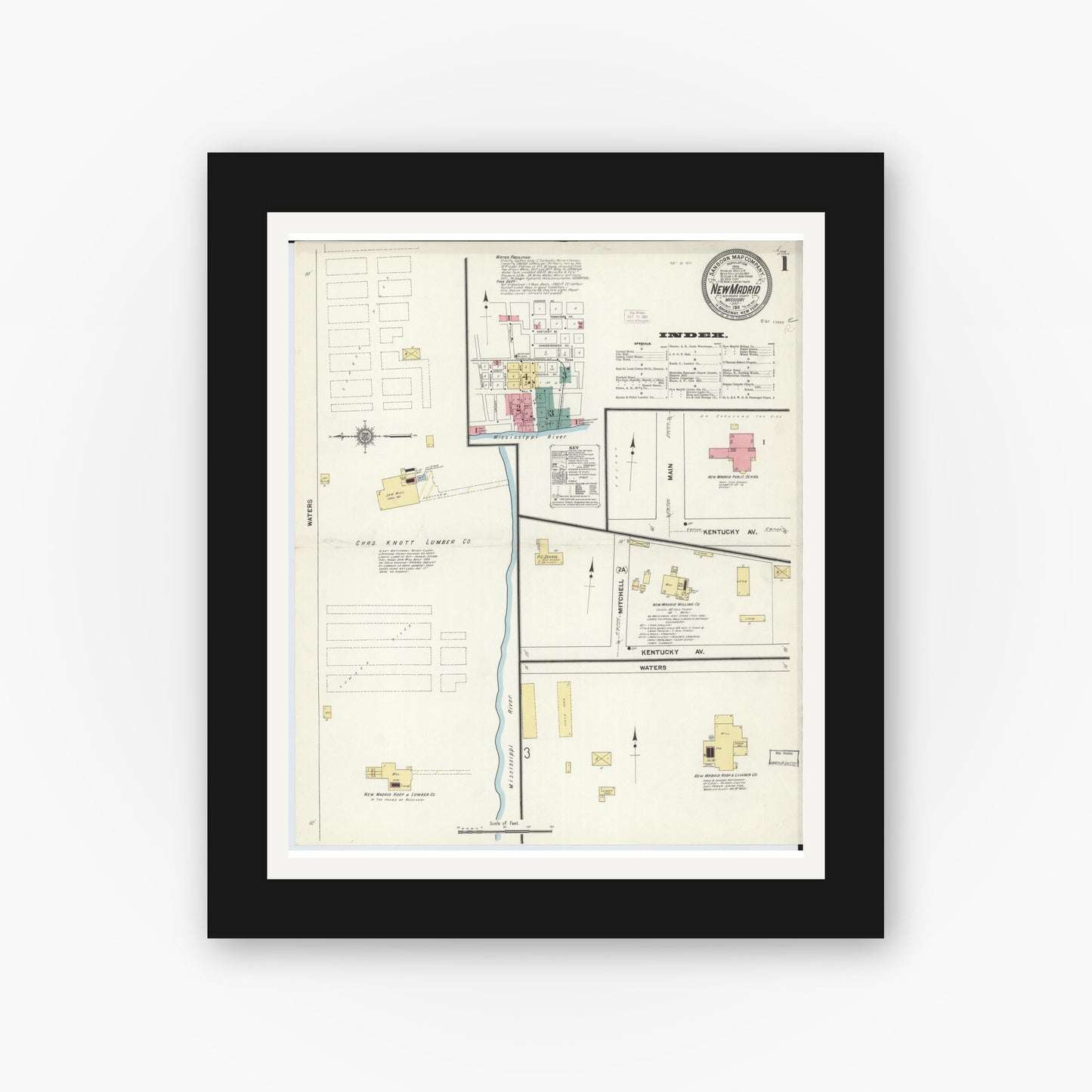 Old map wall art mockup — black gallery frame with white mat — Sanborn Fire Insurance Map from New Madrid, New Madrid County, Missouri (1911), Sheet #0001