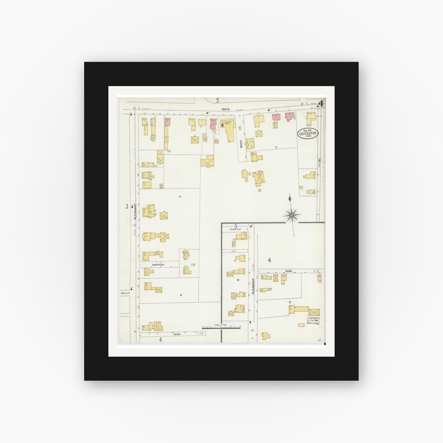 Old map wall art mockup — black gallery frame with white mat — Sanborn Fire Insurance Map from Leicester, Worcester County, Massachusetts (1904), Sheet #0004