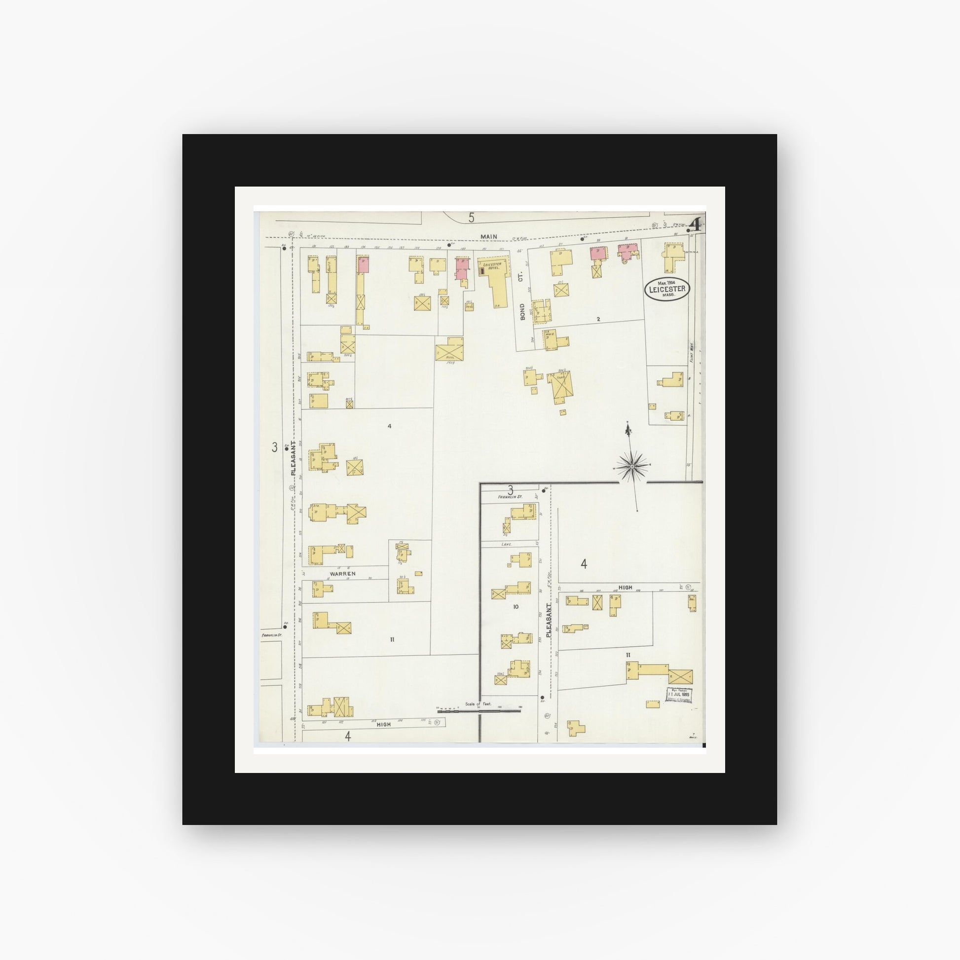 Old map wall art mockup — black gallery frame with white mat — Sanborn Fire Insurance Map from Leicester, Worcester County, Massachusetts (1904), Sheet #0004