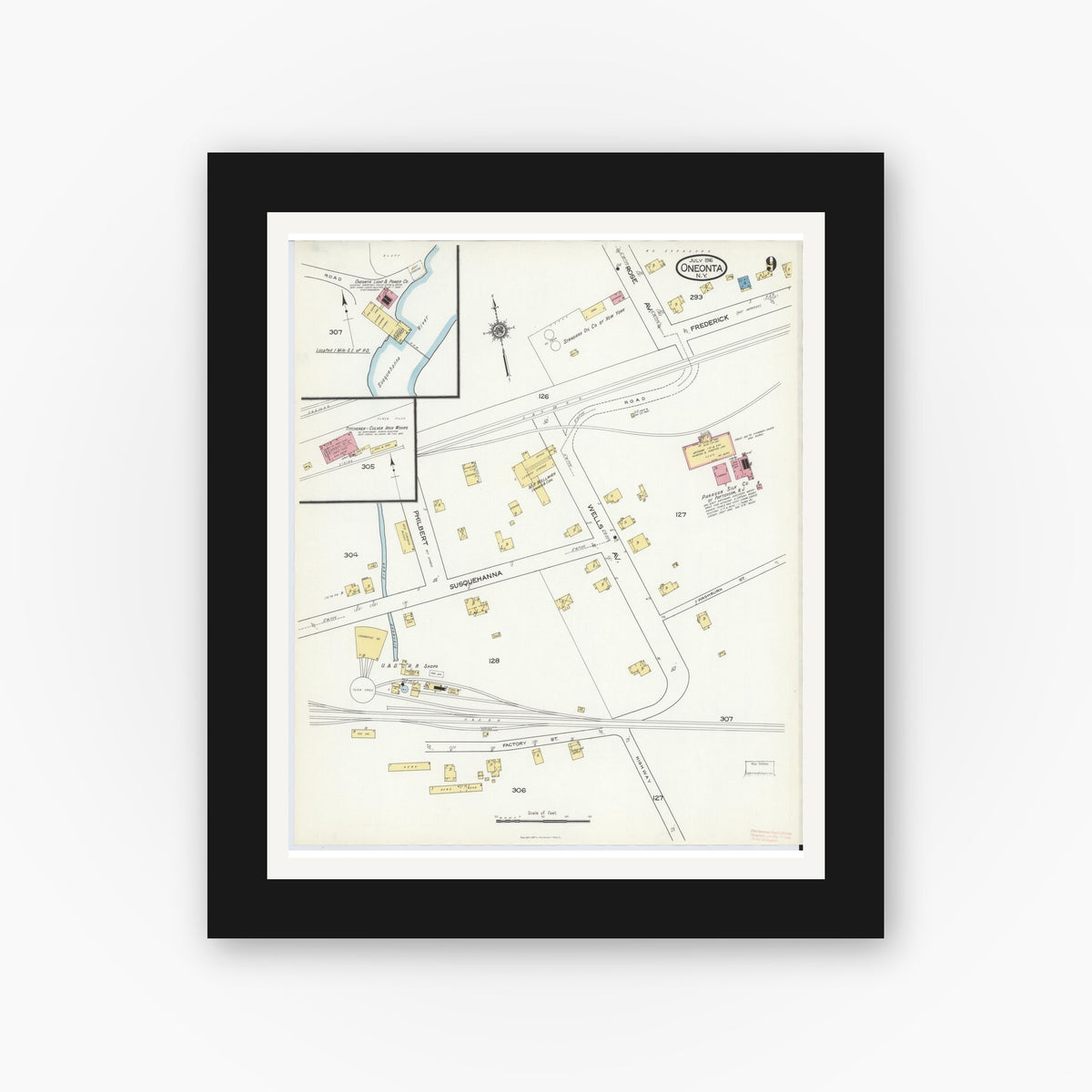 Old map wall art mockup — black gallery frame with white mat — Sanborn Fire Insurance Map from Oneonta, Otsego County, New York (1916), Sheet #0009