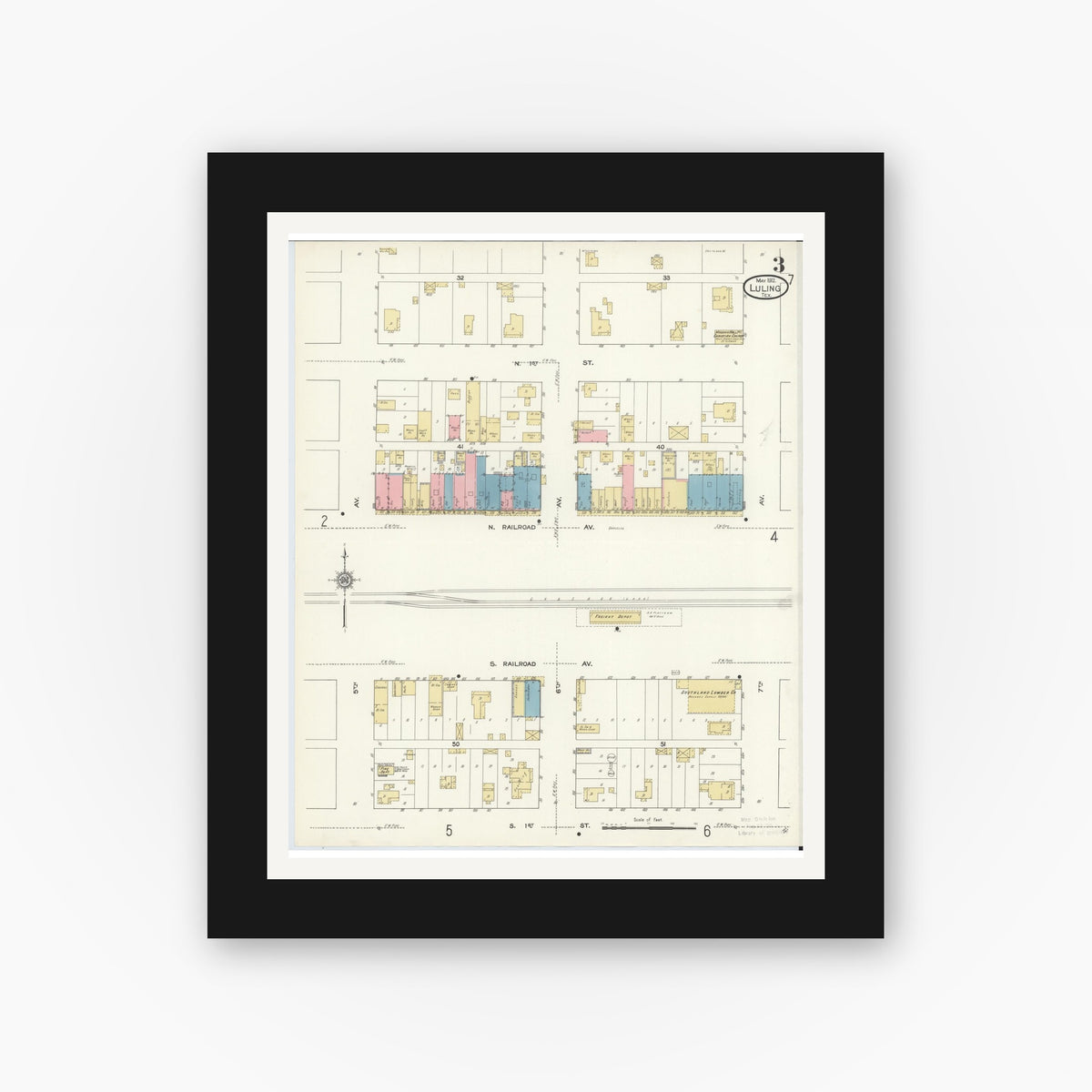 Old map wall art mockup — black gallery frame with white mat — Sanborn Fire Insurance Map from Luling, Caldwell County, Texas (1912), Sheet #0003