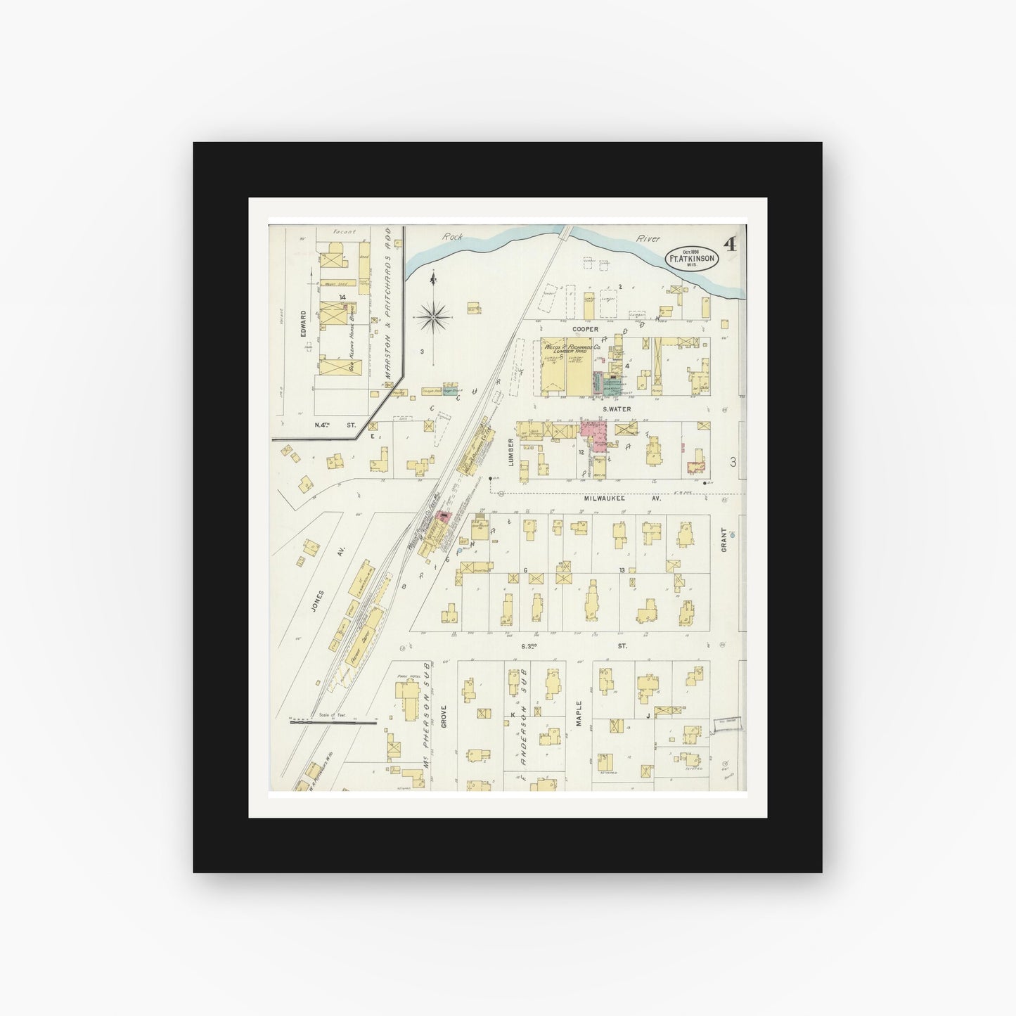 Old map wall art mockup — black gallery frame with white mat — Sanborn Fire Insurance Map from Fort Atkinson, Jefferson County, Wisconsin (1898), Sheet #0004