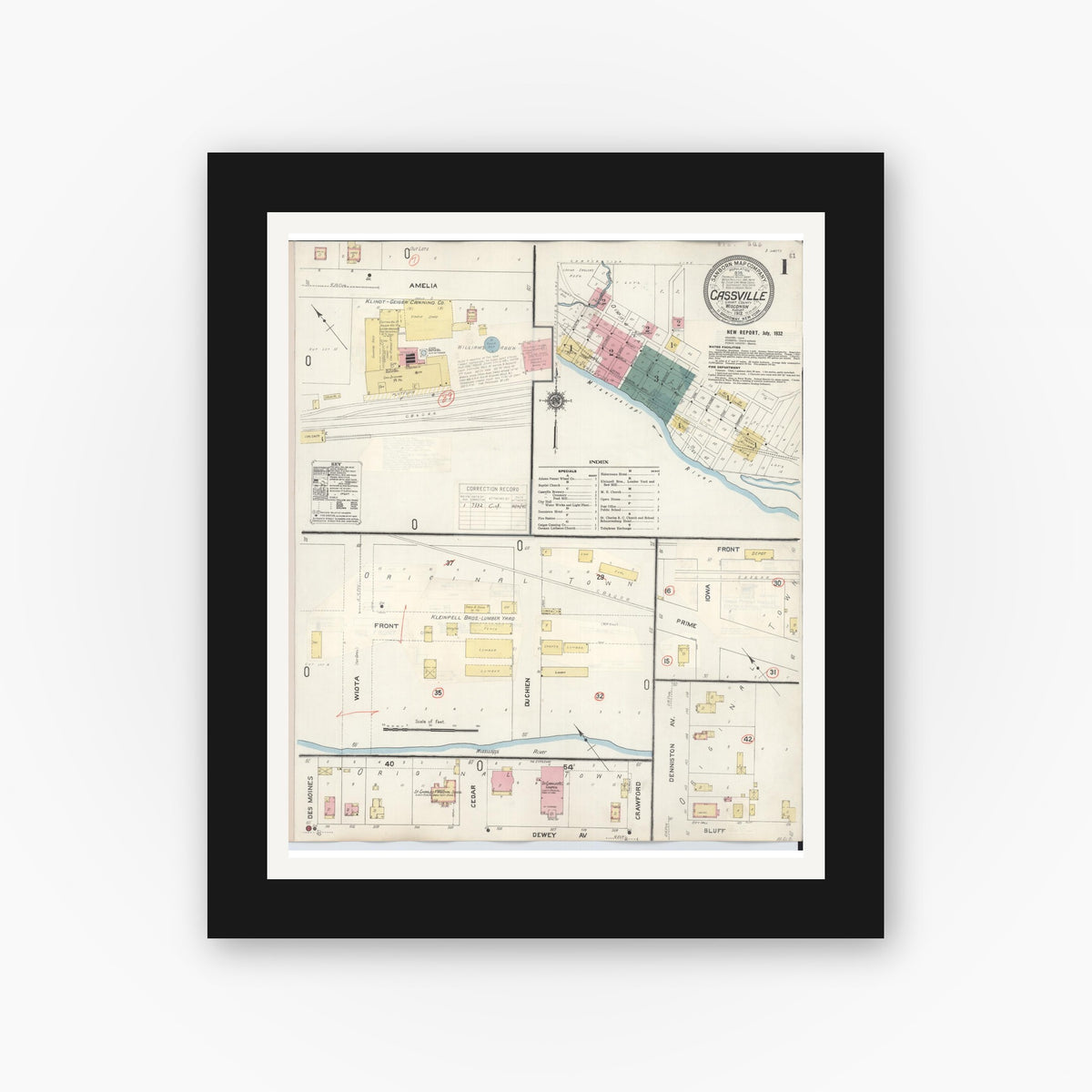 Old map wall art mockup — black gallery frame with white mat — Sanborn Fire Insurance Map from Cassville, Grant County, Wisconsin (1932), Sheet #0001