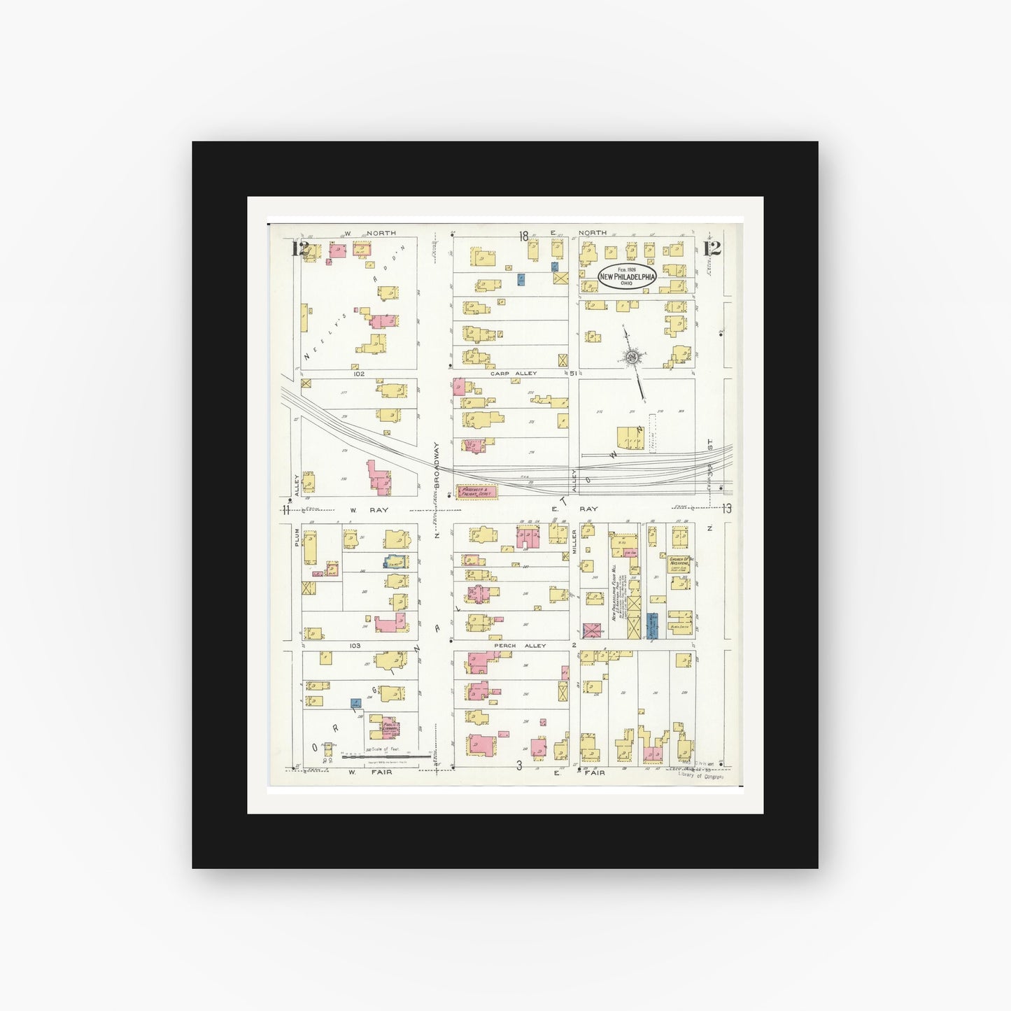 Old map wall art mockup — black gallery frame with white mat — Sanborn Fire Insurance Map from New Philadelphia, Tuscarawas County, Ohio (1926), Sheet #0012
