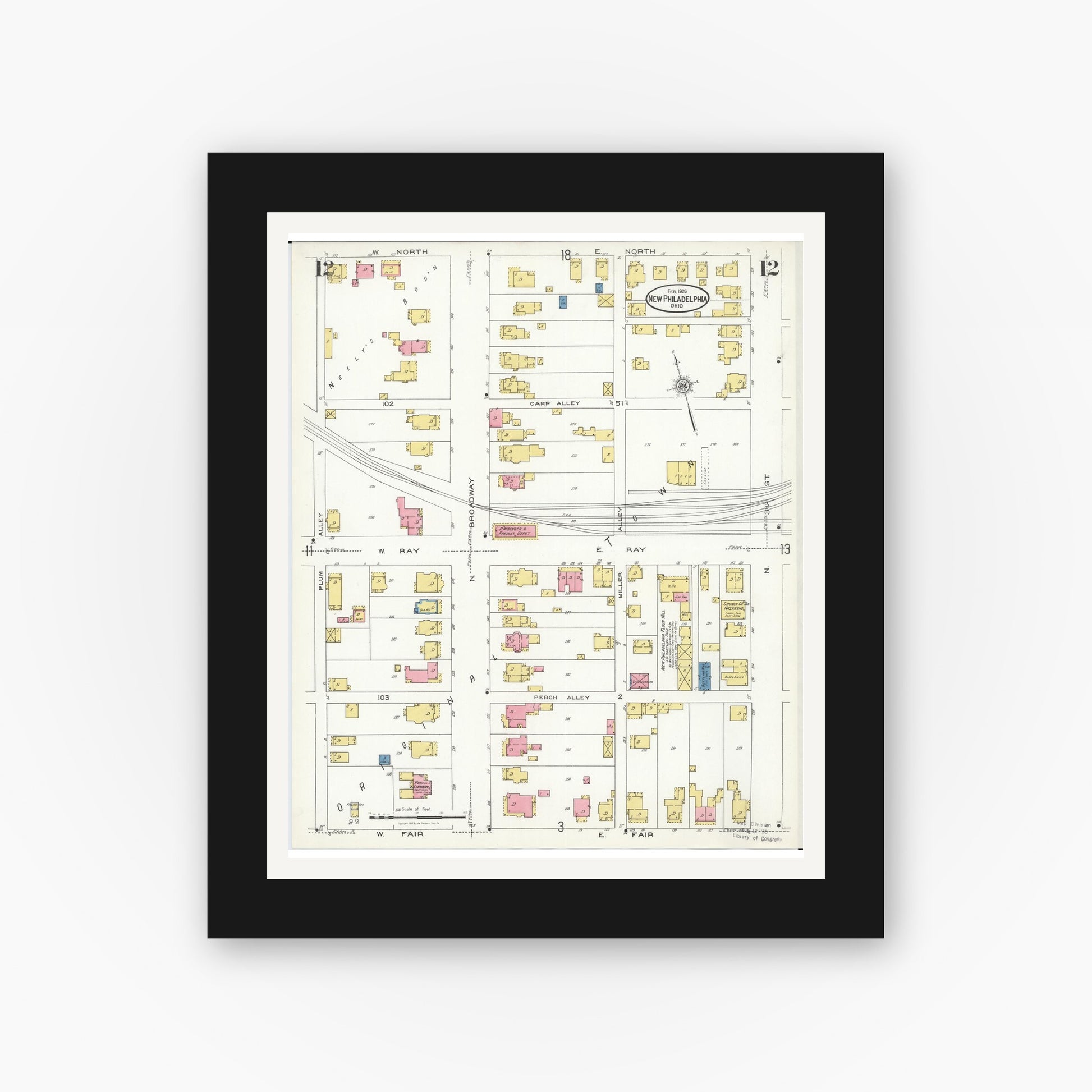 Old map wall art mockup — black gallery frame with white mat — Sanborn Fire Insurance Map from New Philadelphia, Tuscarawas County, Ohio (1926), Sheet #0012