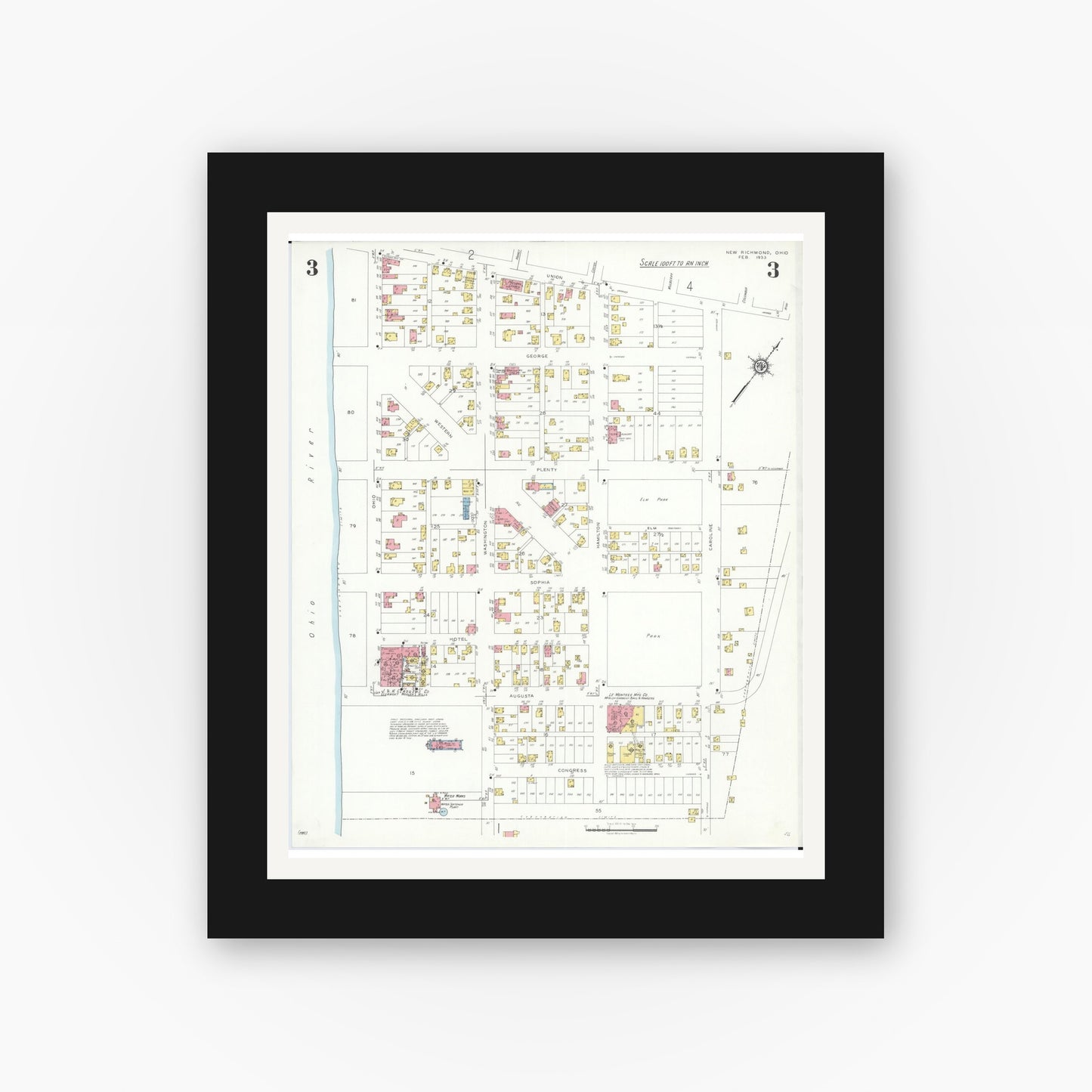 Old map wall art mockup — black gallery frame with white mat — Sanborn Fire Insurance Map from New Richmond, Clermont County, Ohio (1933), Sheet #0003