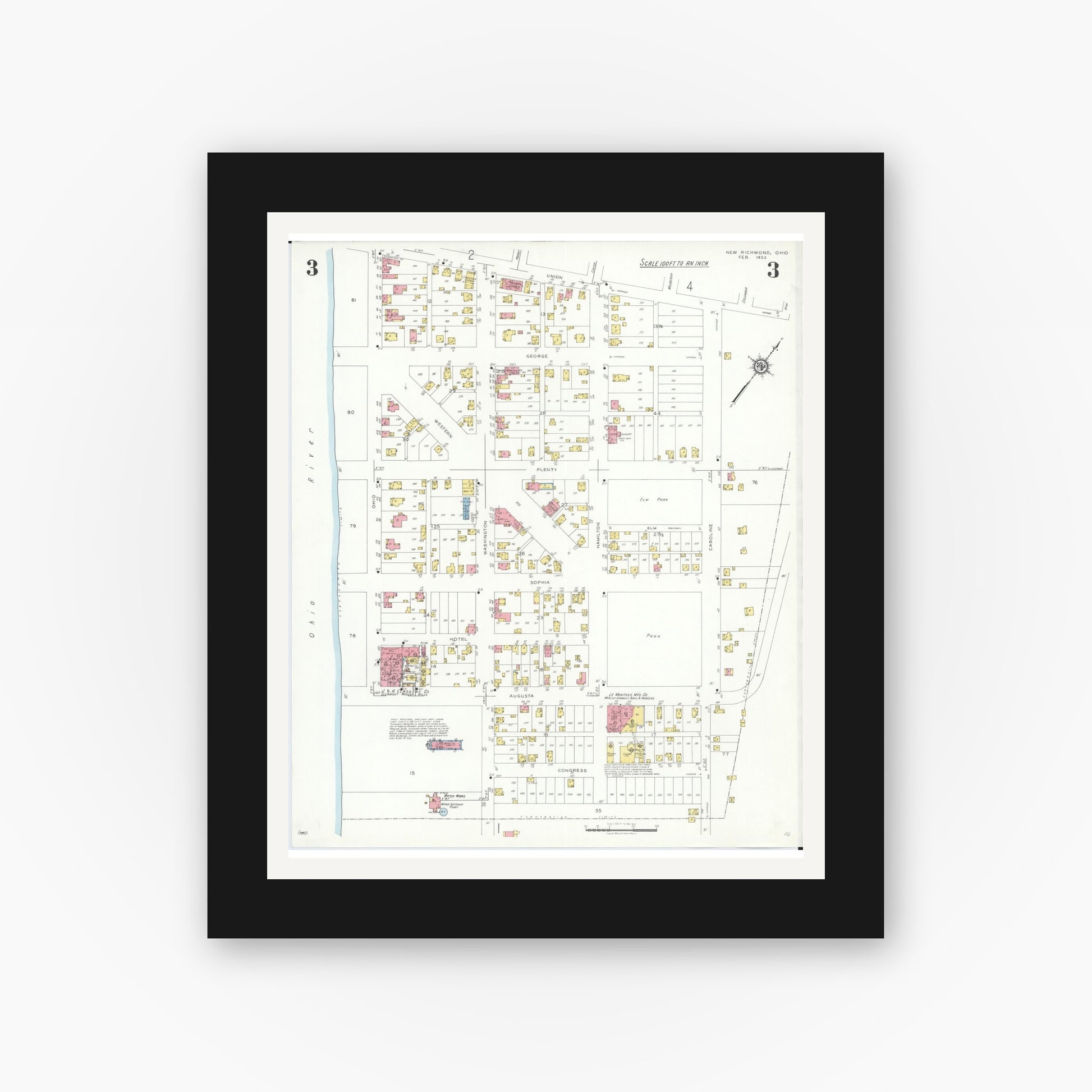Old map wall art mockup — black gallery frame with white mat — Sanborn Fire Insurance Map from New Richmond, Clermont County, Ohio (1933), Sheet #0003