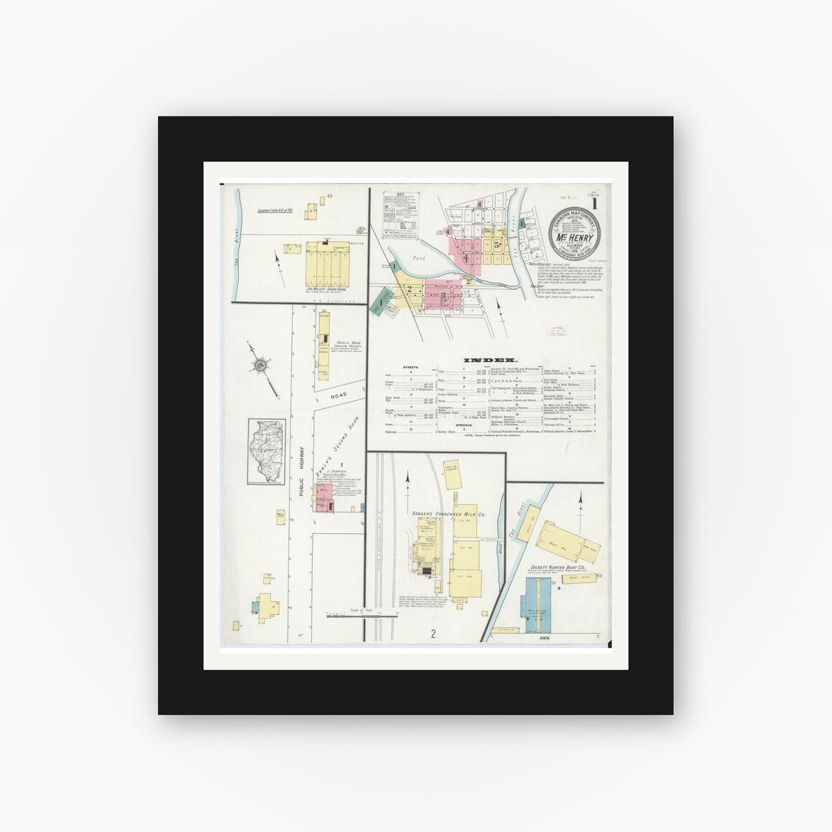 Old map wall art mockup — black gallery frame with white mat — Sanborn Fire Insurance Map from McHenry, McHenry County, Illinois (1912) - Complete Map Set