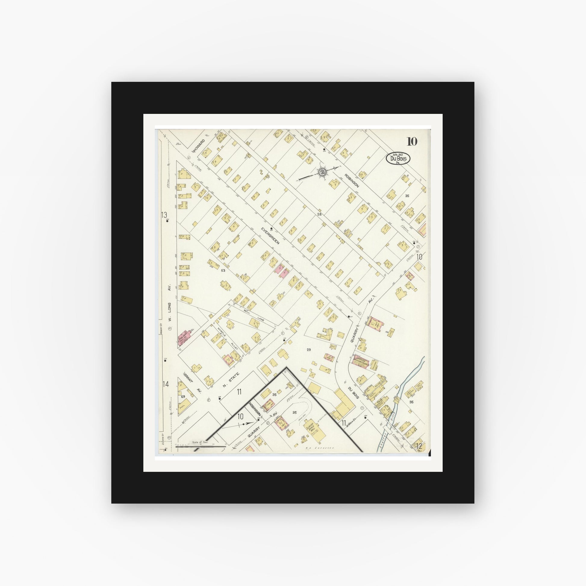Old map wall art mockup — black gallery frame with white mat — Sanborn Fire Insurance Map from Du Bois, Clearfield County, Pennsylvania (1913), Sheet #0010