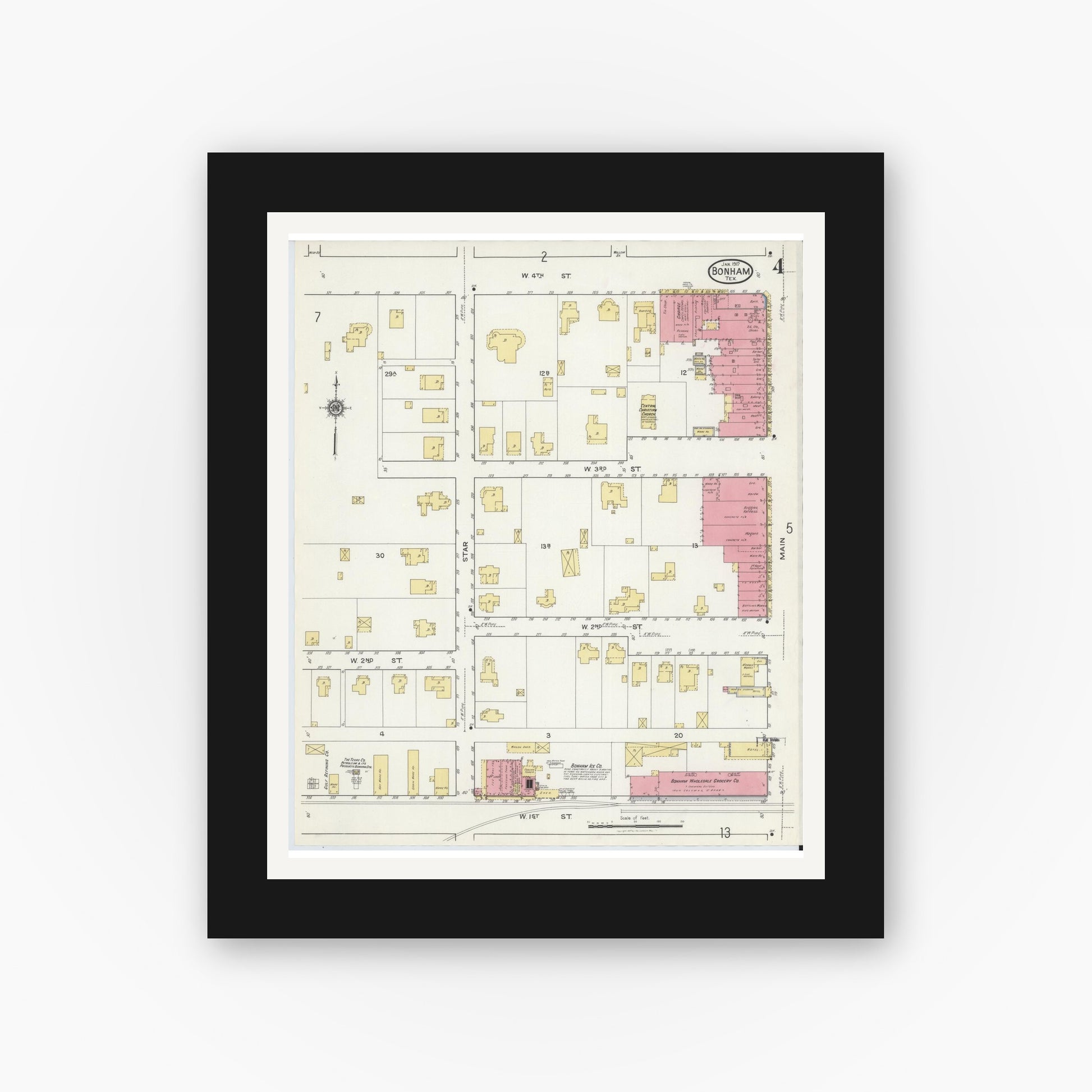 Old map wall art mockup — black gallery frame with white mat — Sanborn Fire Insurance Map from Bonham, Fannin County, Texas (1917), Sheet #0004