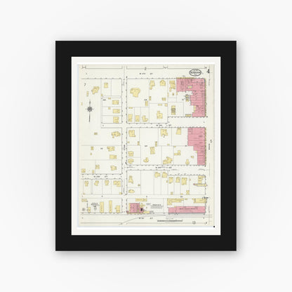 Old map wall art mockup — black gallery frame with white mat — Sanborn Fire Insurance Map from Bonham, Fannin County, Texas (1917), Sheet #0004