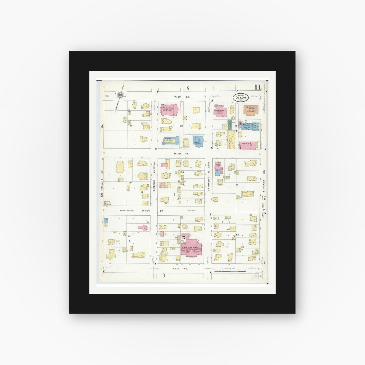 Old map wall art mockup — black gallery frame with white mat — Sanborn Fire Insurance Map from Dixon, Lee County, Illinois (1910), Sheet #0011