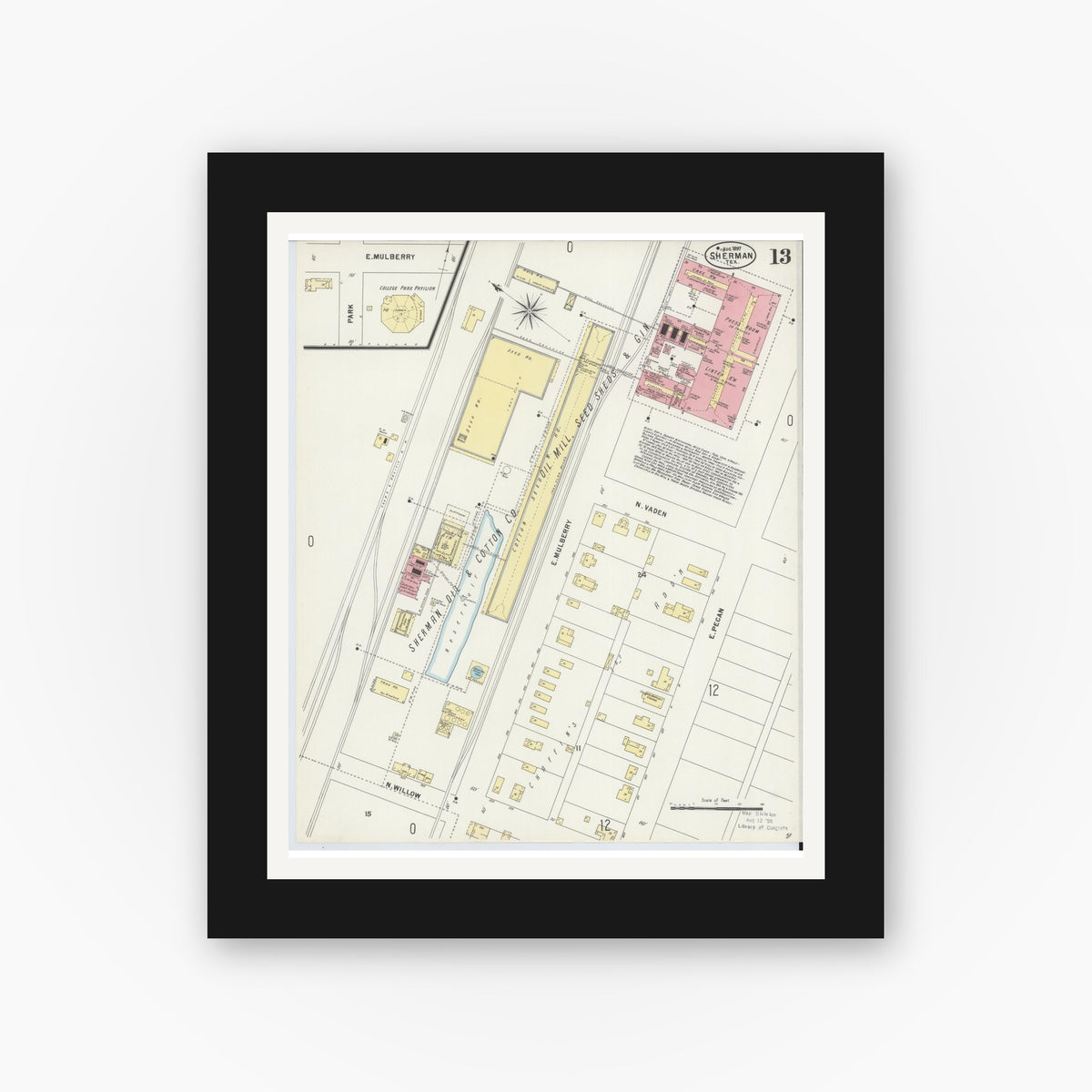 Old map wall art mockup — black gallery frame with white mat — Sanborn Fire Insurance Map from Sherman, Grayson County, Texas (1897), Sheet #0013