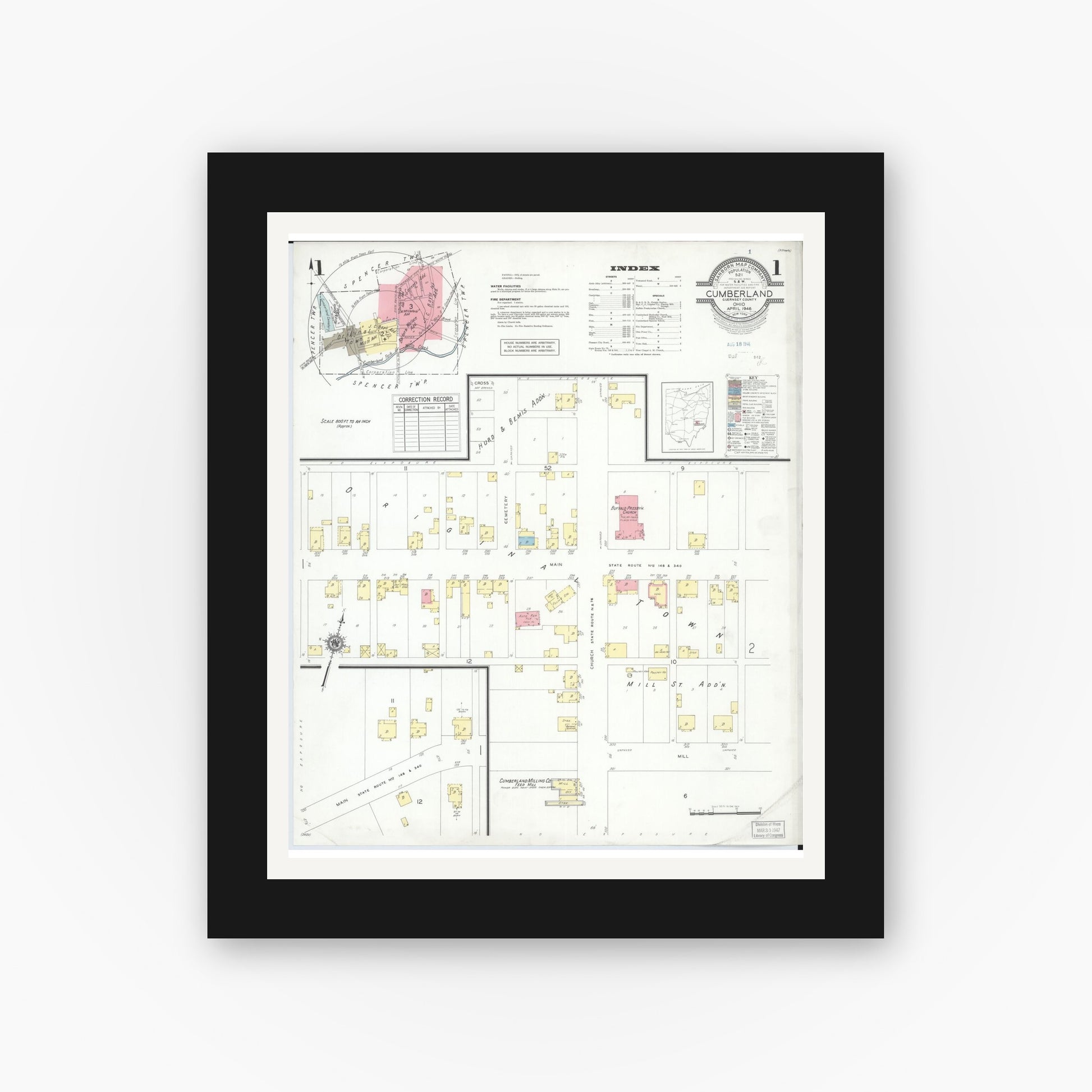 Old map wall art mockup — black gallery frame with white mat — Sanborn Fire Insurance Map from Cumberland, Guernsey County, Ohio (1946) - Complete Map Set
