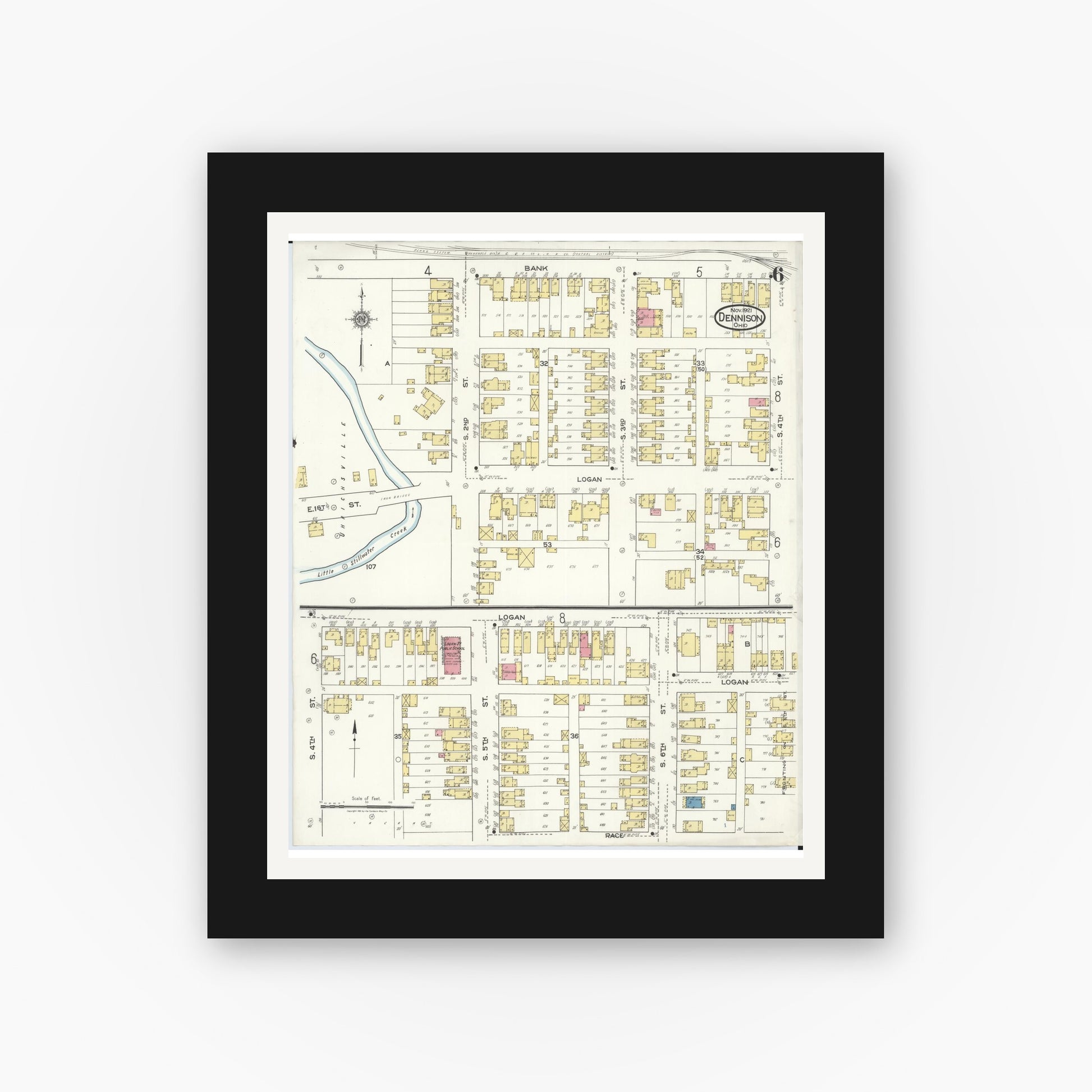 Old map wall art mockup — black gallery frame with white mat — Sanborn Fire Insurance Map from Dennison, Tuscarawas County, Ohio (1921), Sheet #0006