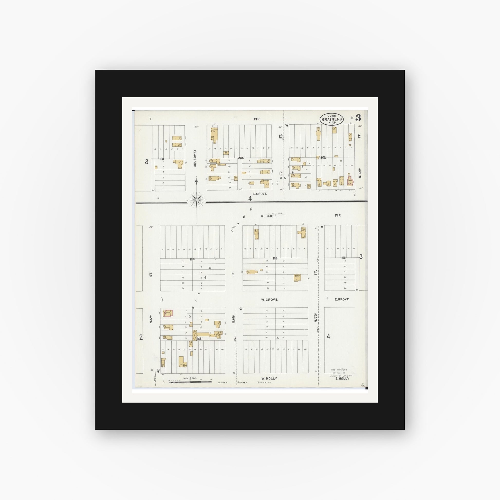 Old map wall art mockup — black gallery frame with white mat — Sanborn Fire Insurance Map from Brainerd, Crow Wing County, Minnesota (1898), Sheet #0003