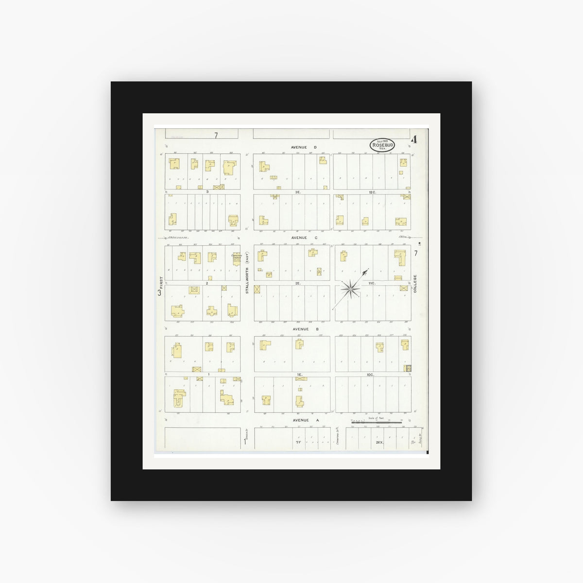 Old map wall art mockup — black gallery frame with white mat — Sanborn Fire Insurance Map from Rosebud, Falls County, Texas (1909), Sheet #0004