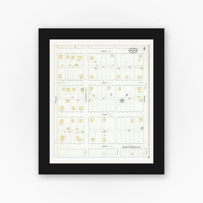 Old map wall art mockup — black gallery frame with white mat — Sanborn Fire Insurance Map from Rosebud, Falls County, Texas (1909), Sheet #0004