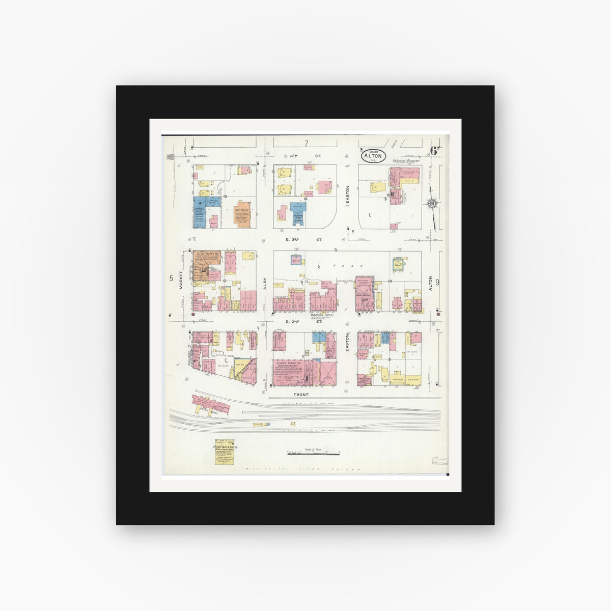 Old map wall art mockup — black gallery frame with white mat — Sanborn Fire Insurance Map from Alton, Madison County, Illinois (1915), Sheet #0006