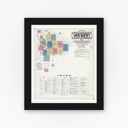 Old map wall art mockup — black gallery frame with white mat — Sanborn Fire Insurance Map from Van Wert, Van Wert County, Ohio (1907), Sheet #0001