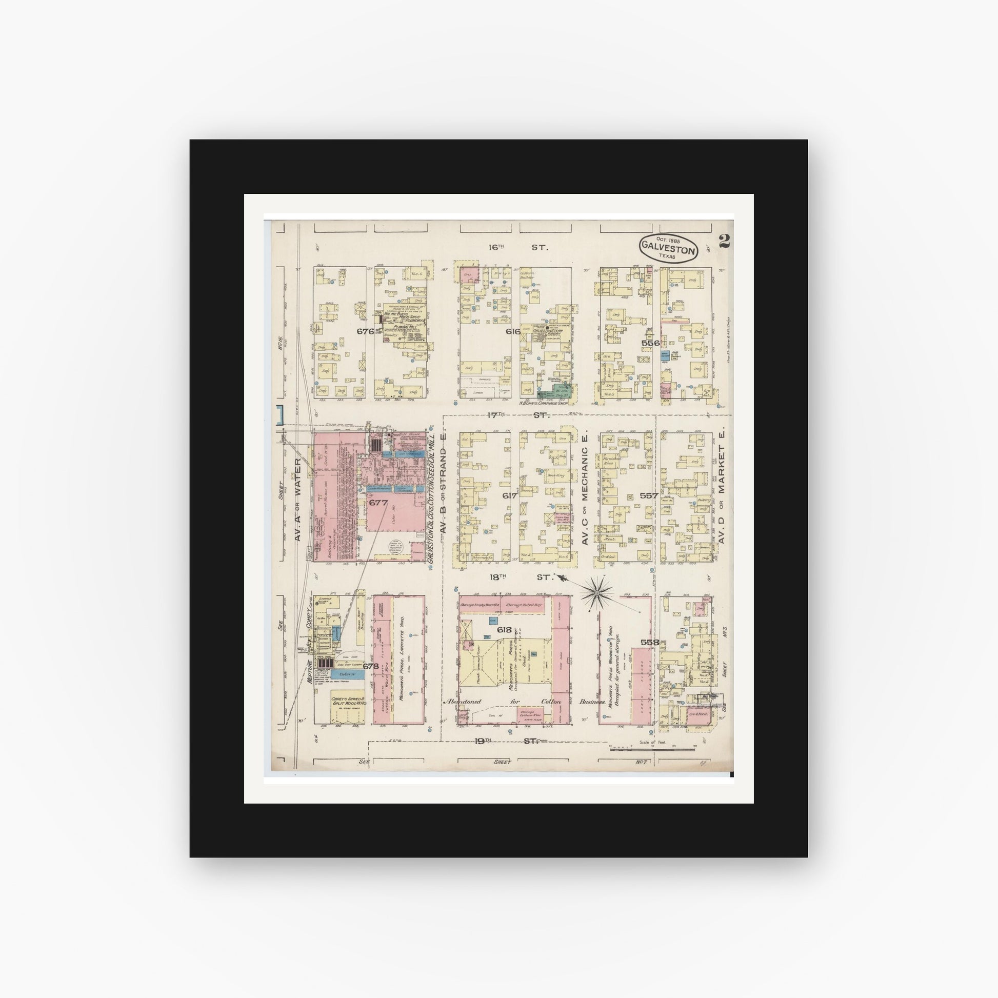Old map wall art mockup — black gallery frame with white mat — Sanborn Fire Insurance Map from Galveston, Galveston County, Texas (1885), Sheet #0002
