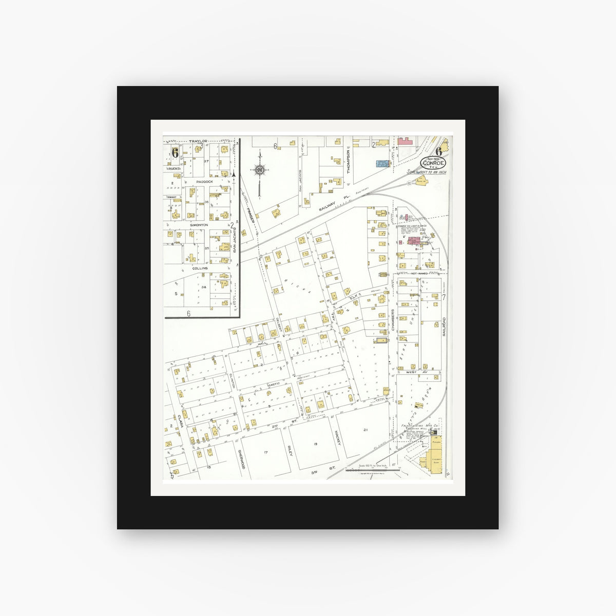 Old map wall art mockup — black gallery frame with white mat — Sanborn Fire Insurance Map from Conroe, Montgomery County, Texas (1923), Sheet #0006