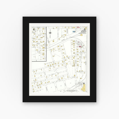 Old map wall art mockup — black gallery frame with white mat — Sanborn Fire Insurance Map from Conroe, Montgomery County, Texas (1923), Sheet #0006