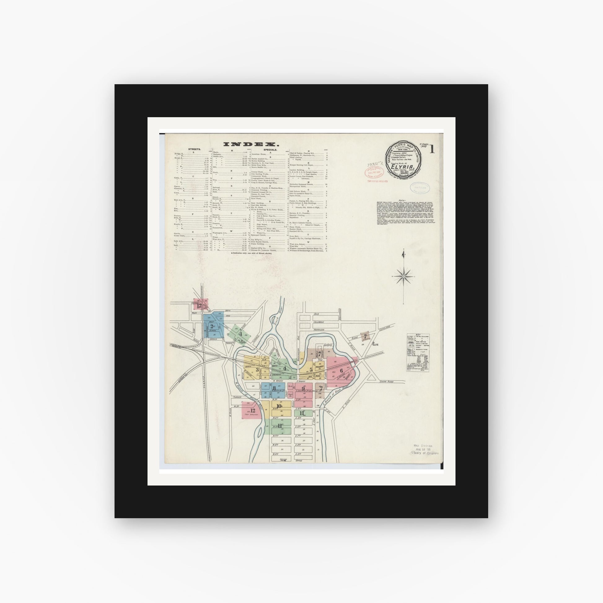Old map wall art mockup — black gallery frame with white mat — Sanborn Fire Insurance Map from Elyria, Lorain County, Ohio (1897), Sheet #0001