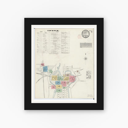 Old map wall art mockup — black gallery frame with white mat — Sanborn Fire Insurance Map from Elyria, Lorain County, Ohio (1897), Sheet #0001