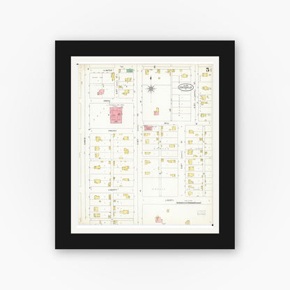 Old map wall art mockup — black gallery frame with white mat — Sanborn Fire Insurance Map from Centerville, Appanoose County, Iowa (1898), Sheet #0005