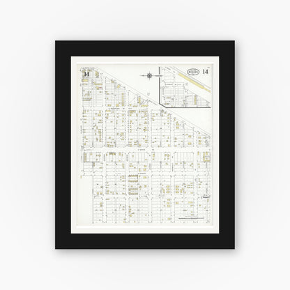 Old map wall art mockup — black gallery frame with white mat — Sanborn Fire Insurance Map from Borger, Hutchinson County, Texas (1928), Sheet #0014