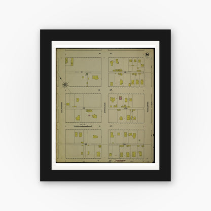 Old map wall art mockup — black gallery frame with white mat — Sanborn Fire Insurance Map from Fresno, Fresno County, California (1888), Sheet #0008