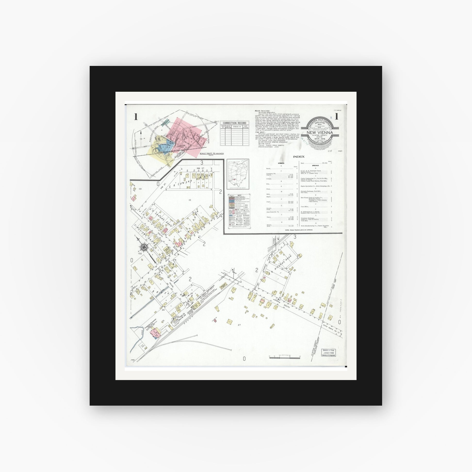 Old map wall art mockup — black gallery frame with white mat — Sanborn Fire Insurance Map from New Vienna, Clinton County, Ohio (1948), Sheet #0001