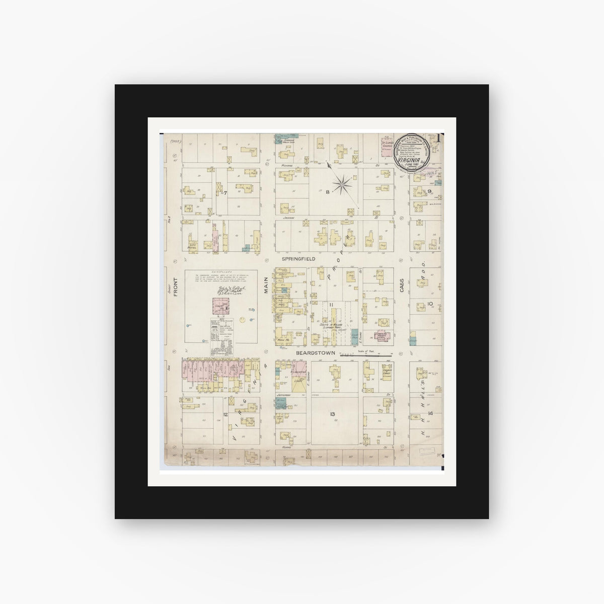 Old map wall art mockup — black gallery frame with white mat — Sanborn Fire Insurance Map from Virginia, Cass County, Illinois (1887) - Complete Map Set