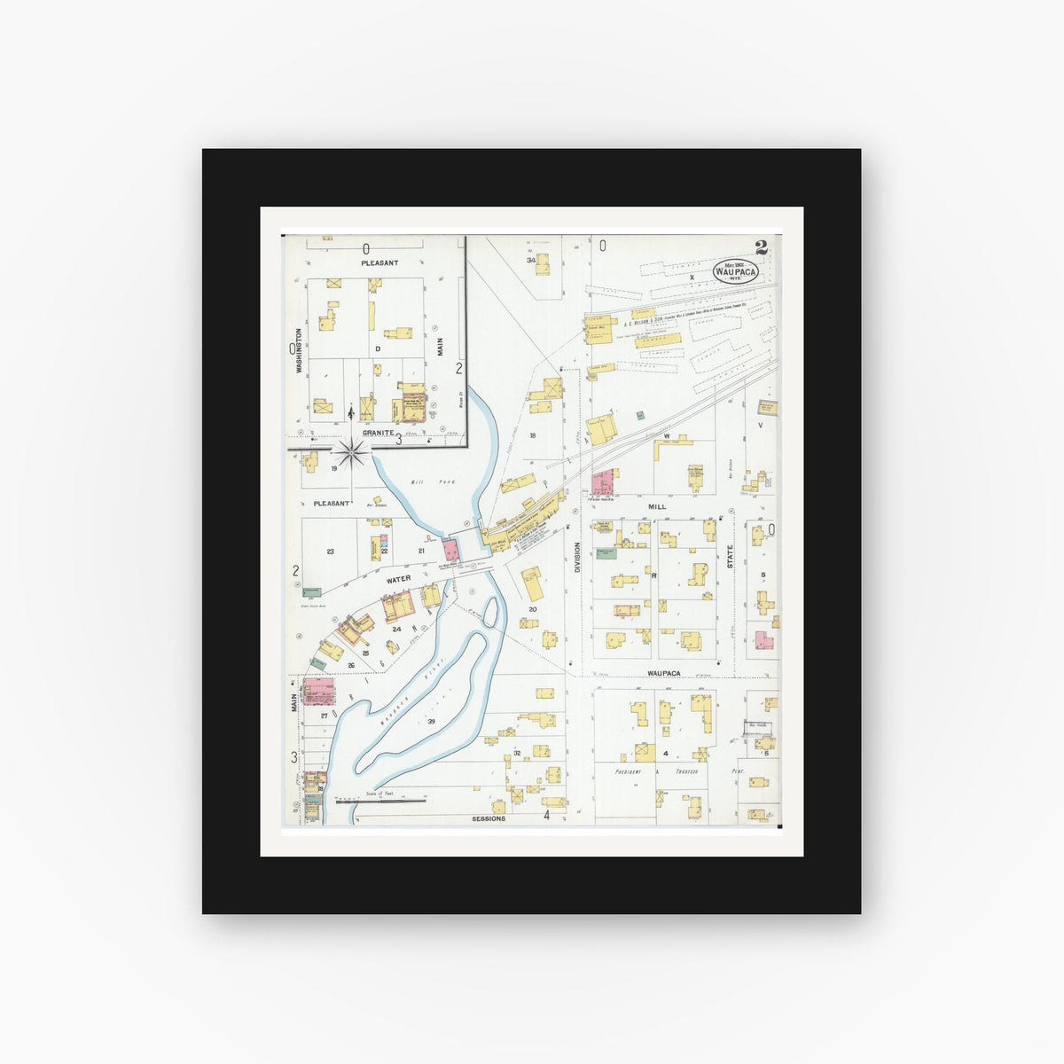 Old map wall art mockup — black gallery frame with white mat — Sanborn Fire Insurance Map from Waupaca, Waupaca County, Wisconsin (1901), Sheet #0002