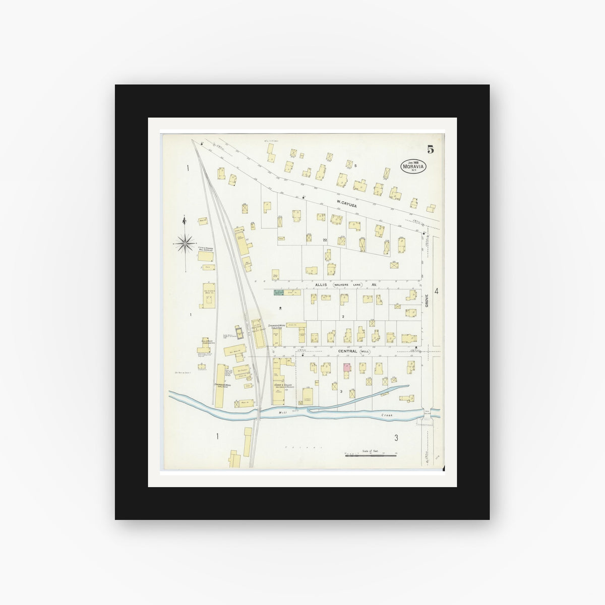 Old map wall art mockup — black gallery frame with white mat — Sanborn Fire Insurance Map from Moravia, Cayuga County, New York (1908), Sheet #0005