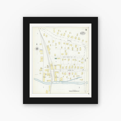 Old map wall art mockup — black gallery frame with white mat — Sanborn Fire Insurance Map from Moravia, Cayuga County, New York (1908), Sheet #0005