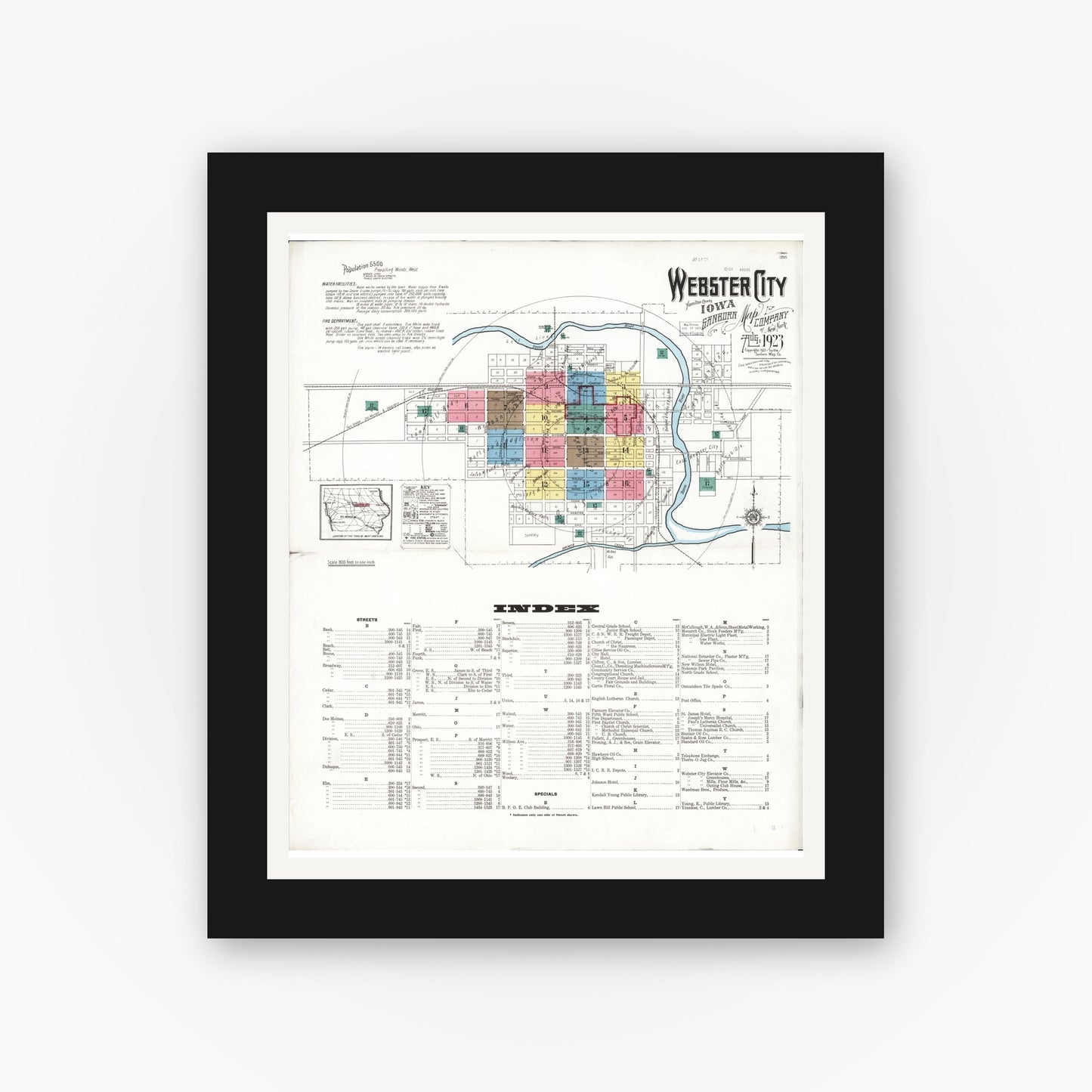 Old map wall art mockup — black gallery frame with white mat — Sanborn Fire Insurance Map from Webster City, Hamilton County, Iowa (1923) â€” Complete Set