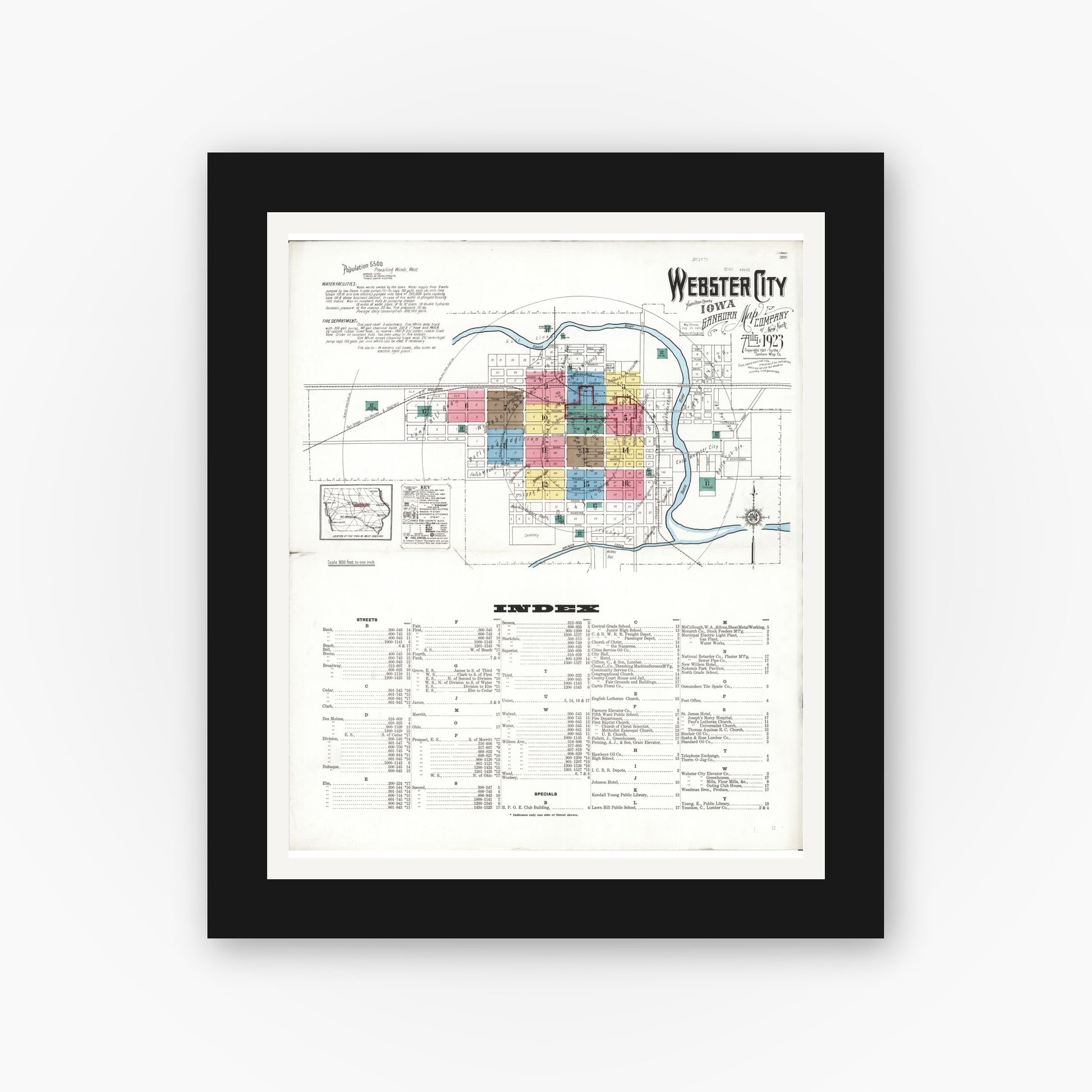 Old map wall art mockup — black gallery frame with white mat — Sanborn Fire Insurance Map from Webster City, Hamilton County, Iowa (1923) â€” Complete Set