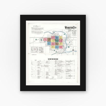 Old map wall art mockup — black gallery frame with white mat — Sanborn Fire Insurance Map from Webster City, Hamilton County, Iowa (1923) â€” Complete Set