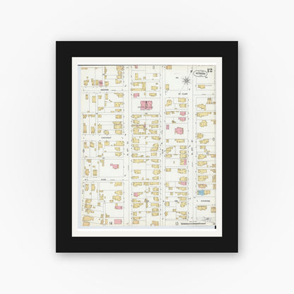 Old map wall art mockup — black gallery frame with white mat — Sanborn Fire Insurance Map from Newark, Licking County, Ohio (1899), Sheet #0012