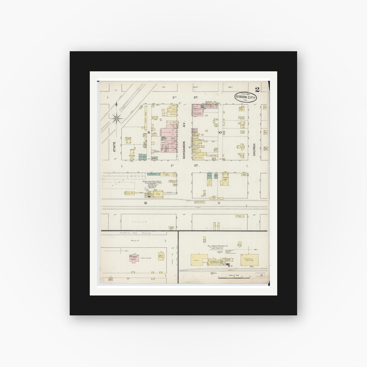 Old map wall art mockup — black gallery frame with white mat — Sanborn Fire Insurance Map from Gibson City, Ford County, Illinois (1888), Sheet #0002