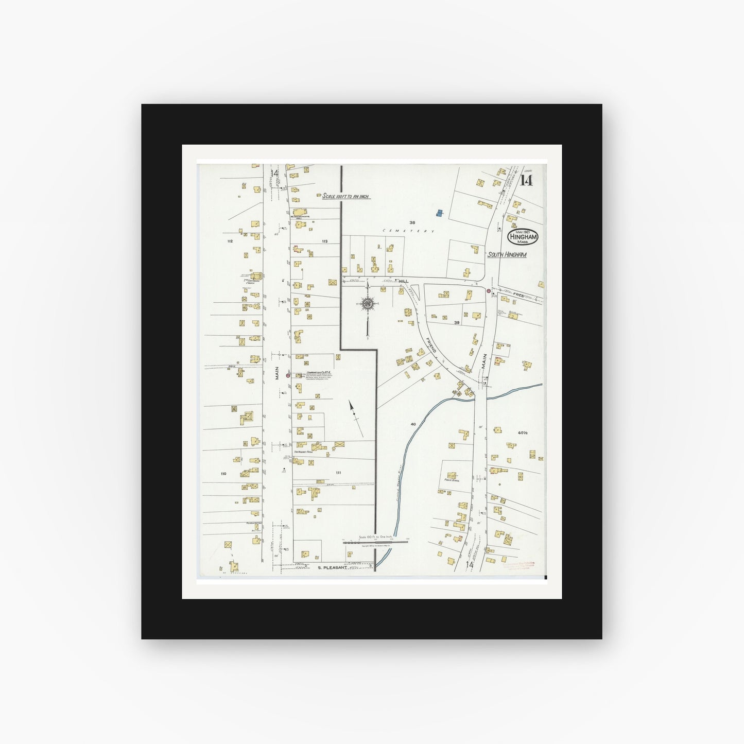 Old map wall art mockup — black gallery frame with white mat — Sanborn Fire Insurance Map from Hingham, Plymouth County, Massachusetts (1921), Sheet #0014