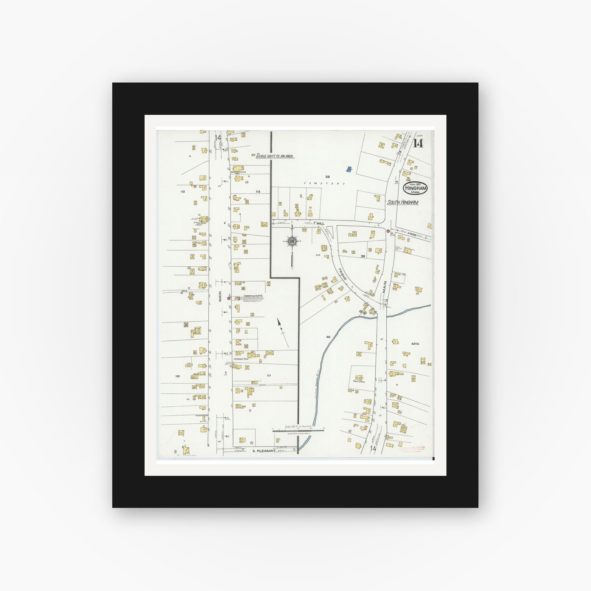 Old map wall art mockup — black gallery frame with white mat — Sanborn Fire Insurance Map from Hingham, Plymouth County, Massachusetts (1921), Sheet #0014