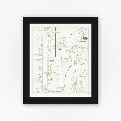 Old map wall art mockup — black gallery frame with white mat — Sanborn Fire Insurance Map from Hingham, Plymouth County, Massachusetts (1921), Sheet #0014
